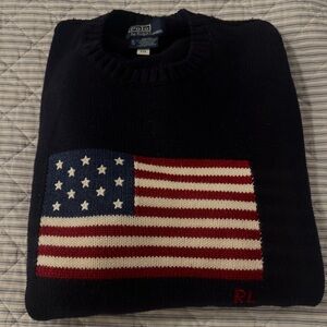 Polo Ralph Lauren Red and Blue Crewneck Sweater Flag Design Iconic Flag Sweater
